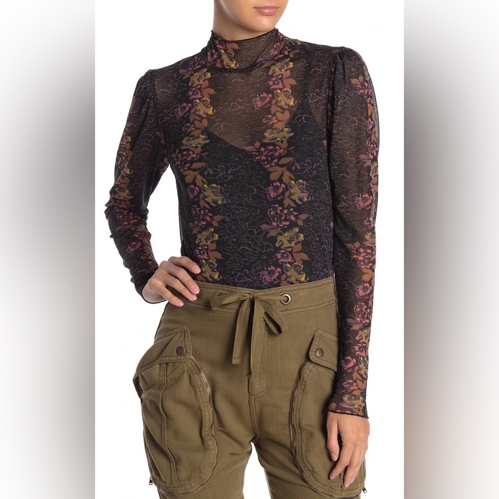 Free People Amber Floral Mesh Mockneck Long Sleeve Top, Size Medium